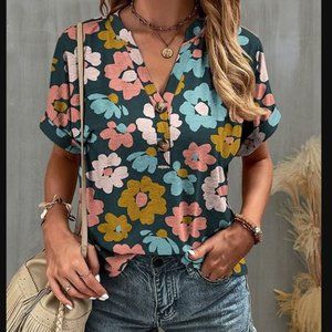 Pink & Blue Floral Button-Front Short-Sleeve Notch Neck Top